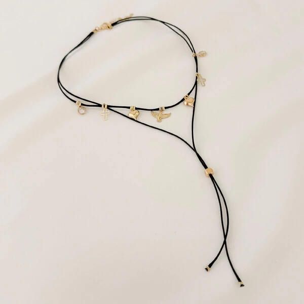Choker Violeta Gravata Fio Coreano com Ponto de Luz, Cruz, Coração e Pomba da Paz