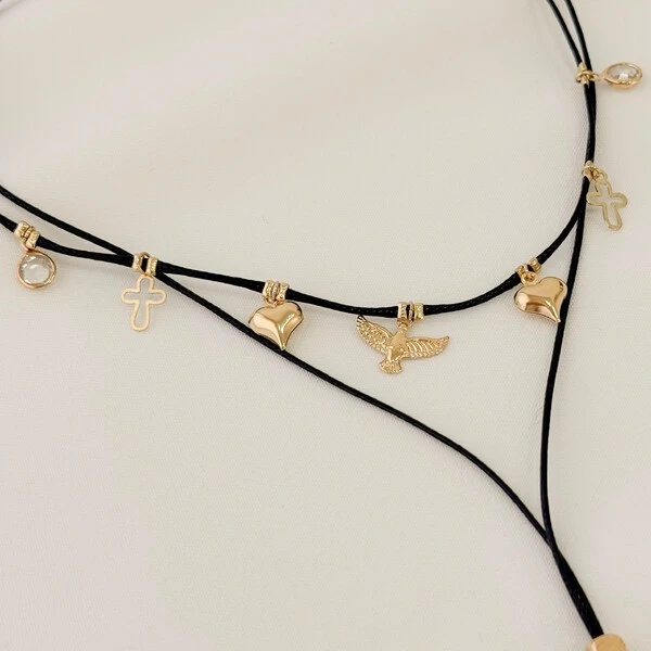 Choker Violeta Gravata Fio Coreano com Ponto de Luz, Cruz, Coração e Pomba da Paz