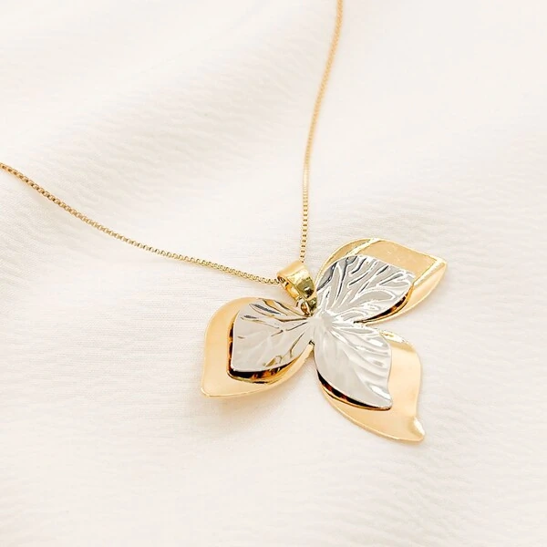 Colar Quito Corrente Veneziana com Pingente Flor Dupla