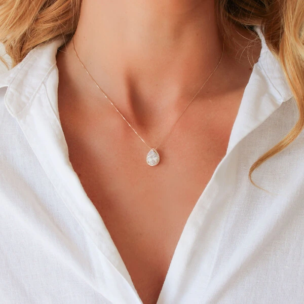 Colar São Paulo Cravejado Corrente Veneziana com Gota Zircônia Passante