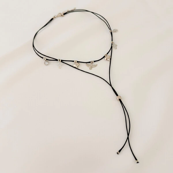 Choker Violeta Gravata Fio Coreano com Ponto de Luz, Cruz, Coração e Pomba da Paz