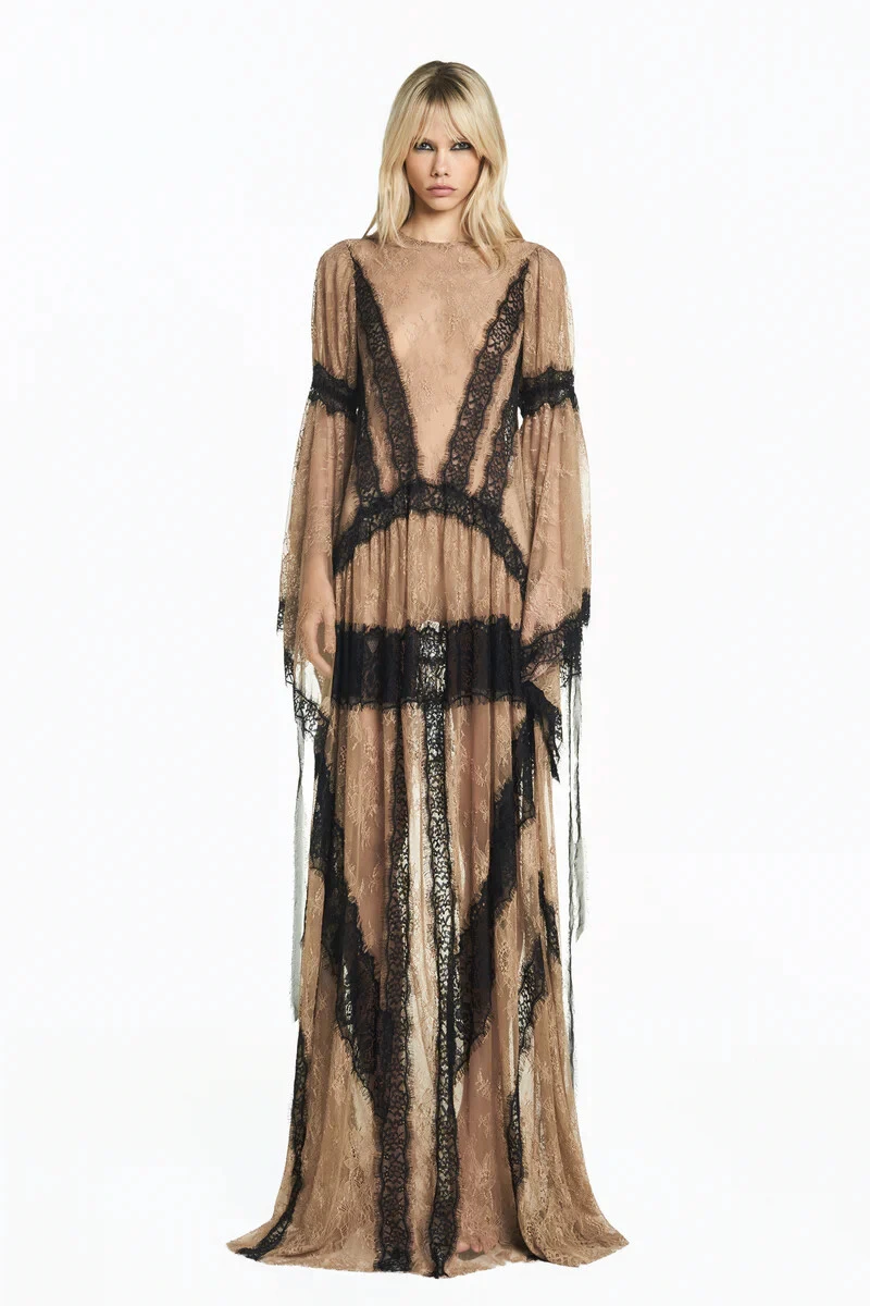 FotoVestido Longo Com Manga Renda Bege Escuro Com Renda Preta