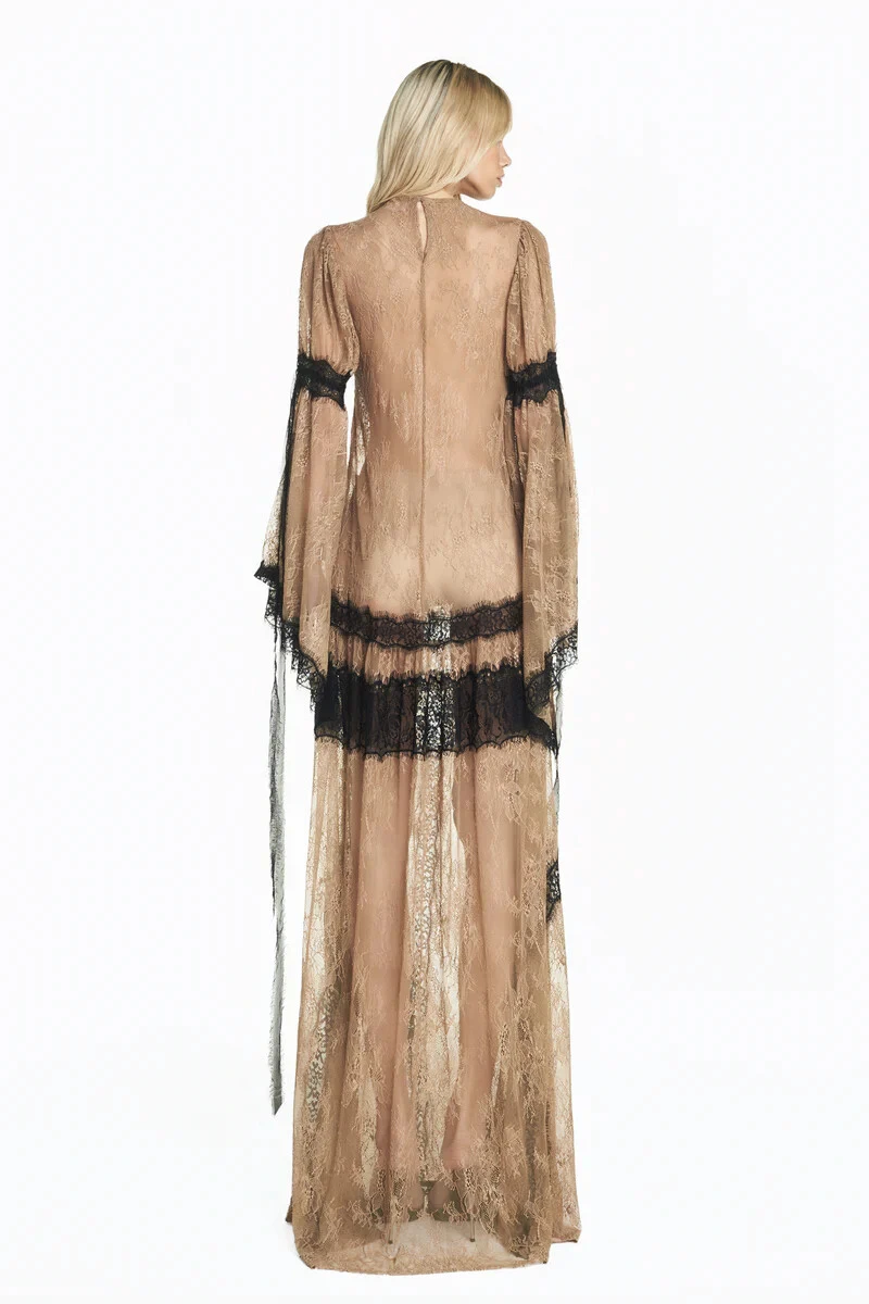 FotoVestido Longo Com Manga Renda Bege Escuro Com Renda Preta