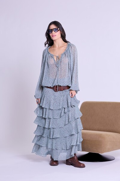 Foto Bata Chiffon Manga Longa Botik Azul