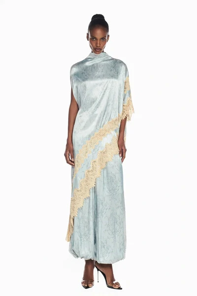 Foto Blusa Kaftan Assimétrica Cetim Laço Renda Bege