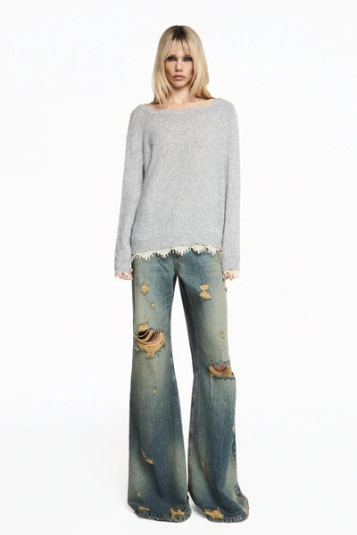 Foto Blusa Tricot Cinza Renda Barra Cinza