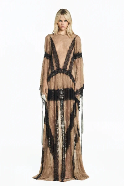 Foto Vestido Longo Com Manga Renda Bege Escuro Com Renda Preta