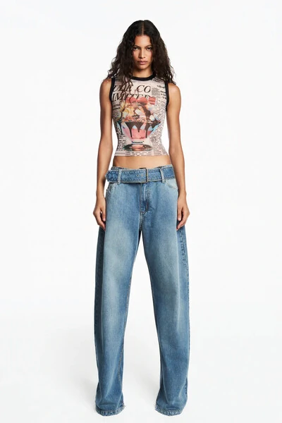 Foto Calça Jeans perna larga cinto