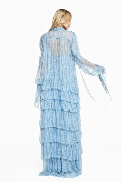 Foto Vestido Longo Babados Manga Longa Gola Alta Renda