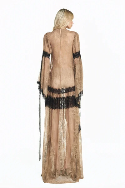 FotoVestido Longo Com Manga Renda Bege Escuro Com Renda Preta