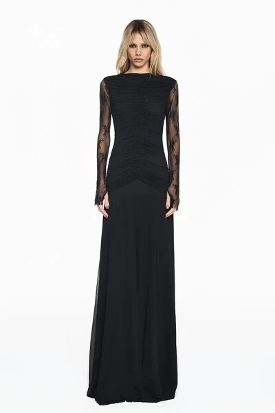 Foto Vestido Longo Manga Longa Renda Corpo Drapeado Tule