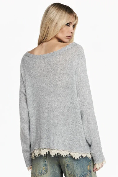 Foto Blusa Tricot Cinza Renda Barra Cinza