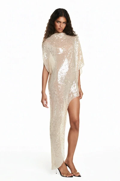 FotoBlusa Kaftan Assimétrica Paetê Bege P