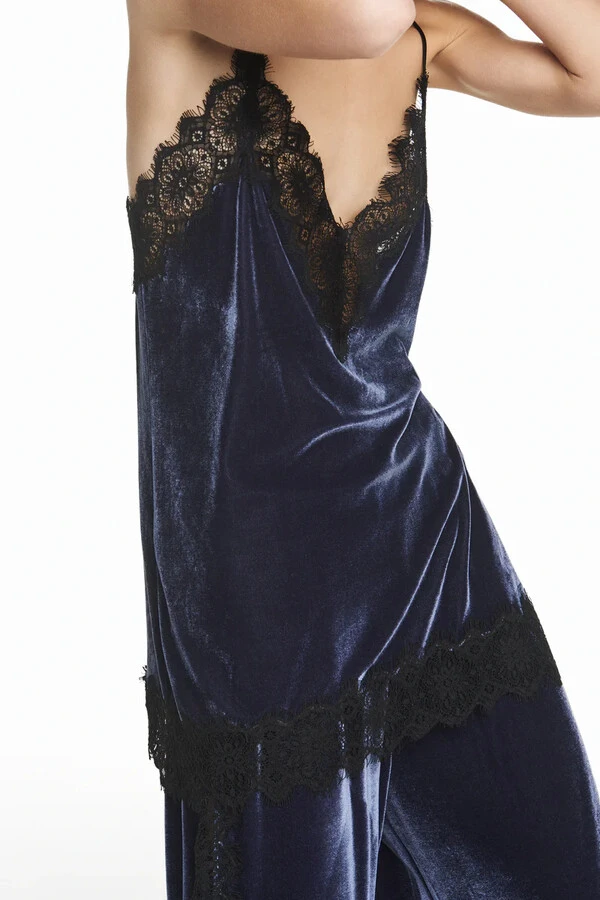 Regata Alça Veludo Azul Renda Preta