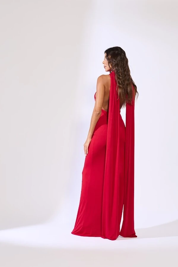 Vestido longo gola alta faixa Botik