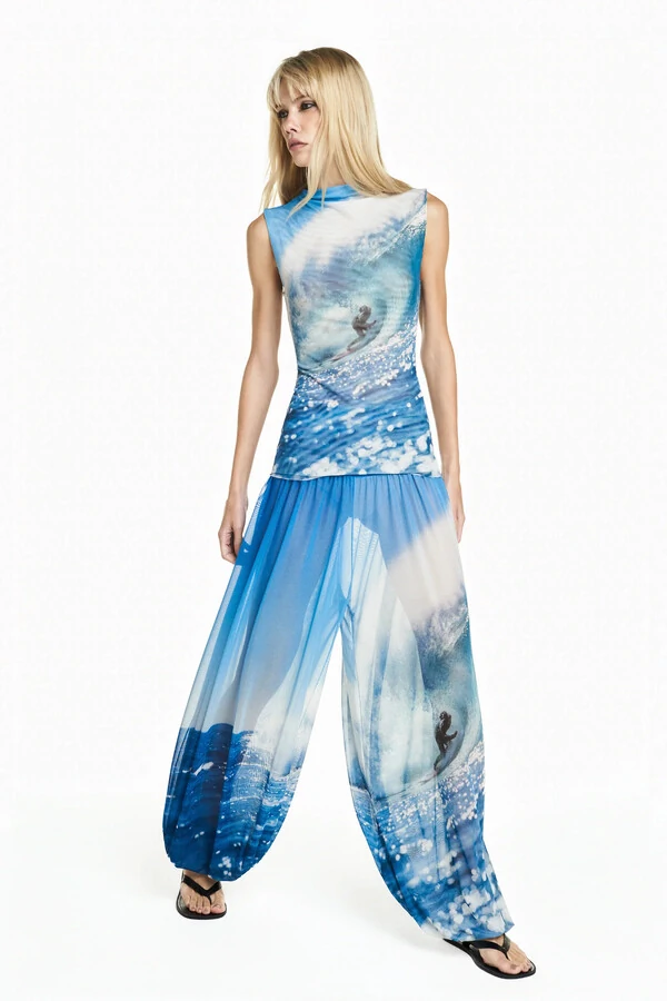 Blusa Sem Manga Tule Surf Azul Estampado P