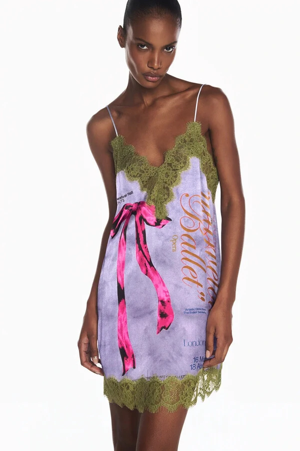 Vestido Curto Cetim Ballet Laço Estampado