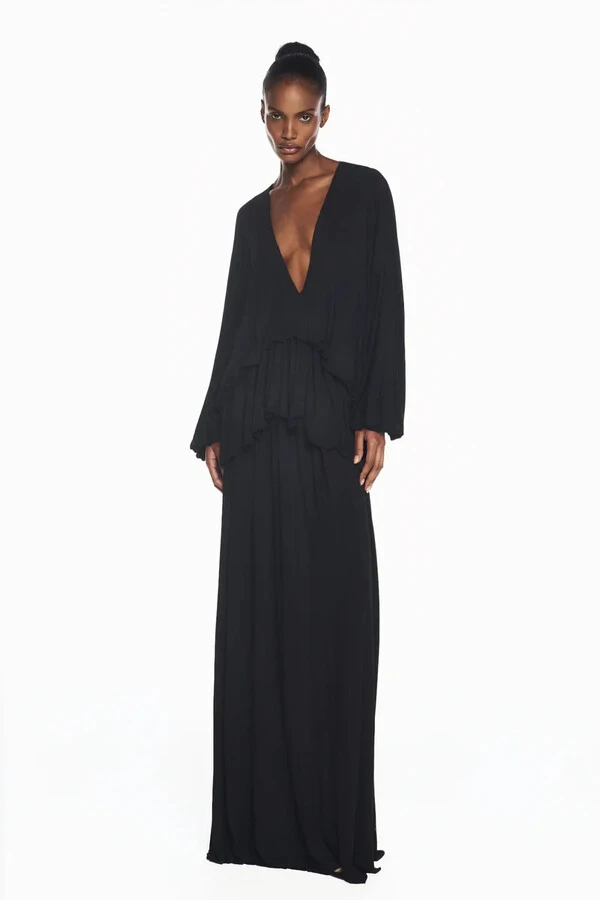 Vestido Longo Amplo Manga Longa Decote V Babado Balonê Malha