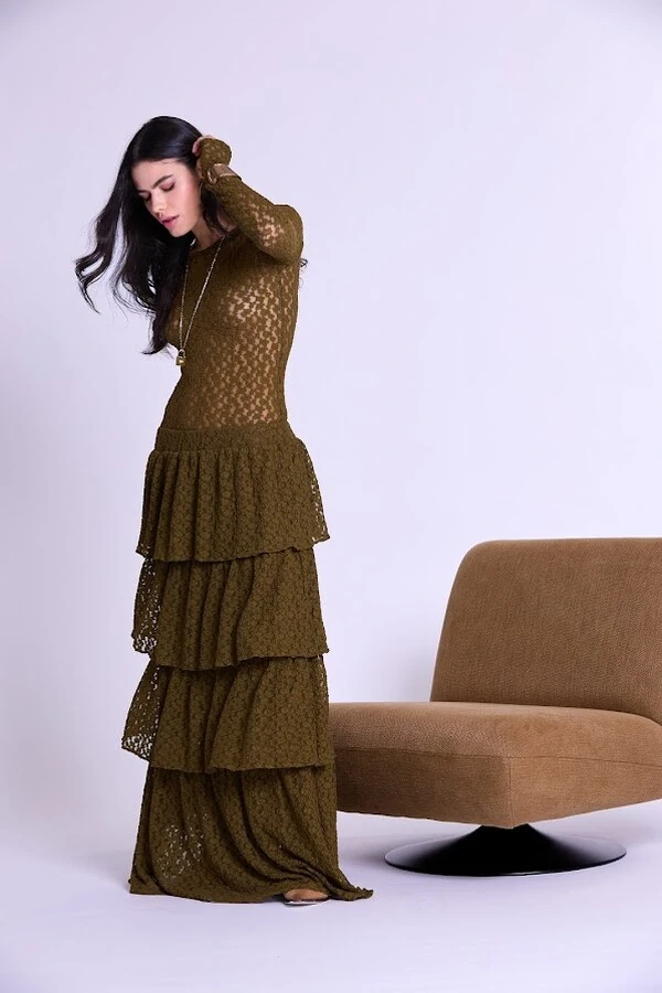 Saia Renda Babado Camadas Longa Botik