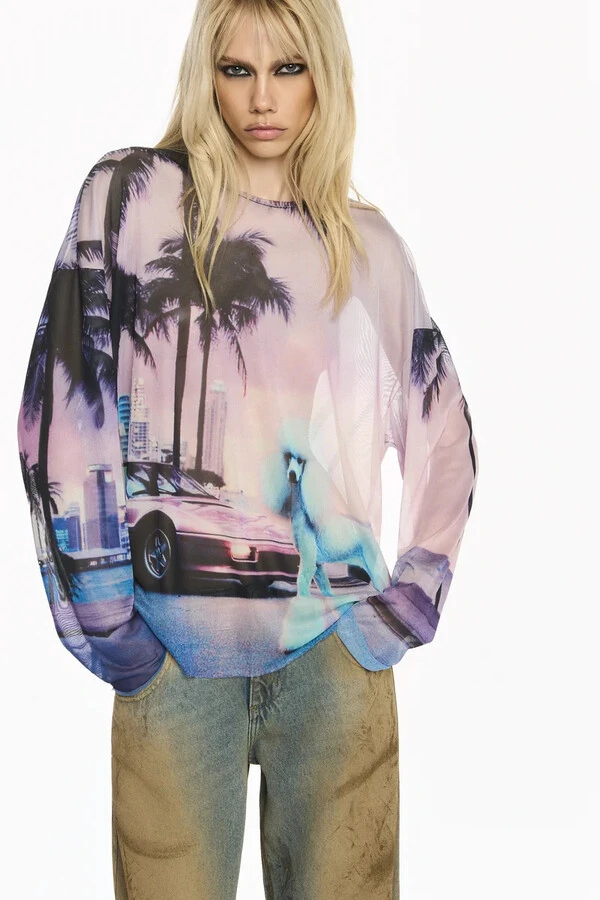 Blusa Manga Longa Quadrada Tule Poodle