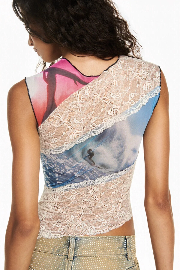 Blusa Sem Manga Tule E Renda Surf Estampado M