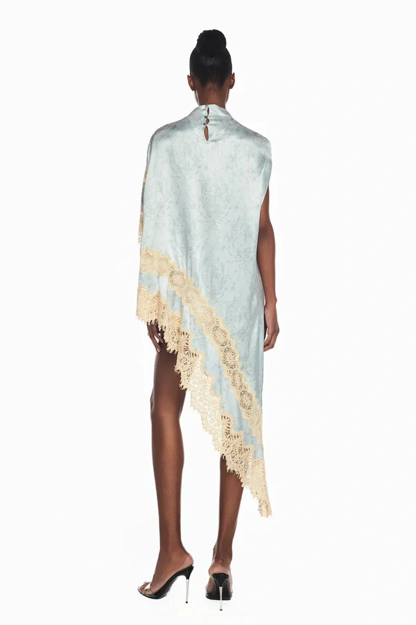 Blusa Kaftan Assimétrica Cetim Laço Renda Bege
