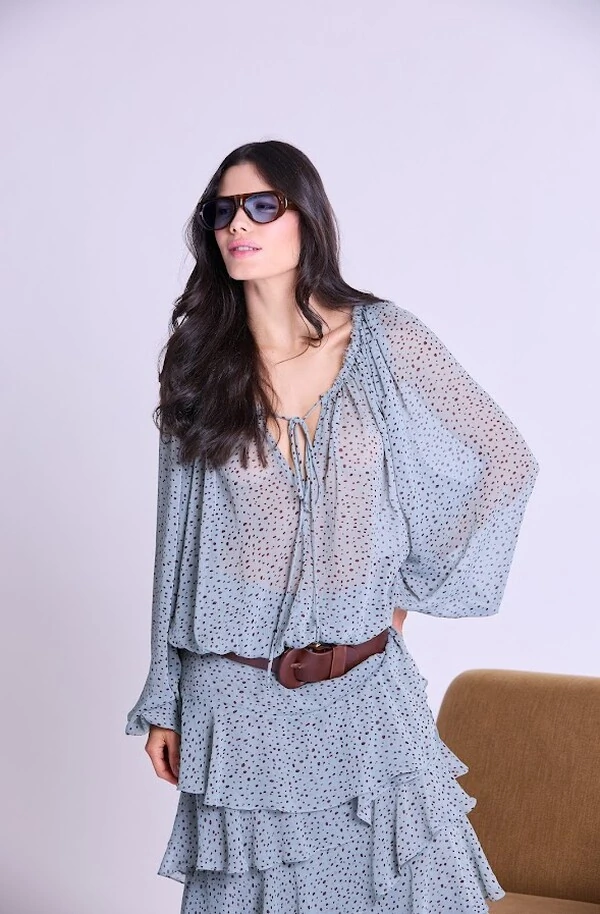 Bata Chiffon Manga Longa Botik Azul