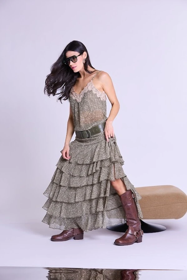 Saia Babado Chiffon Botik Floral