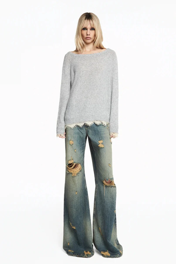 Blusa Tricot Cinza Renda Barra Cinza