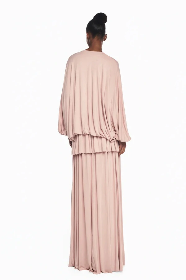 Vestido Longo Amplo Manga Longa Decote V Babado Balonê Malha