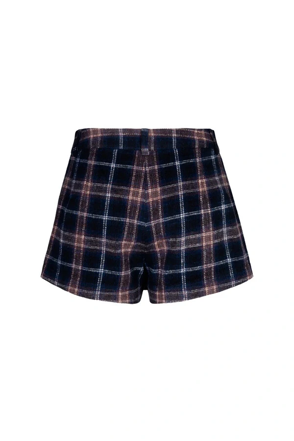 Shorts Saia Xadrez Wool Detalhe Couro Xadrez