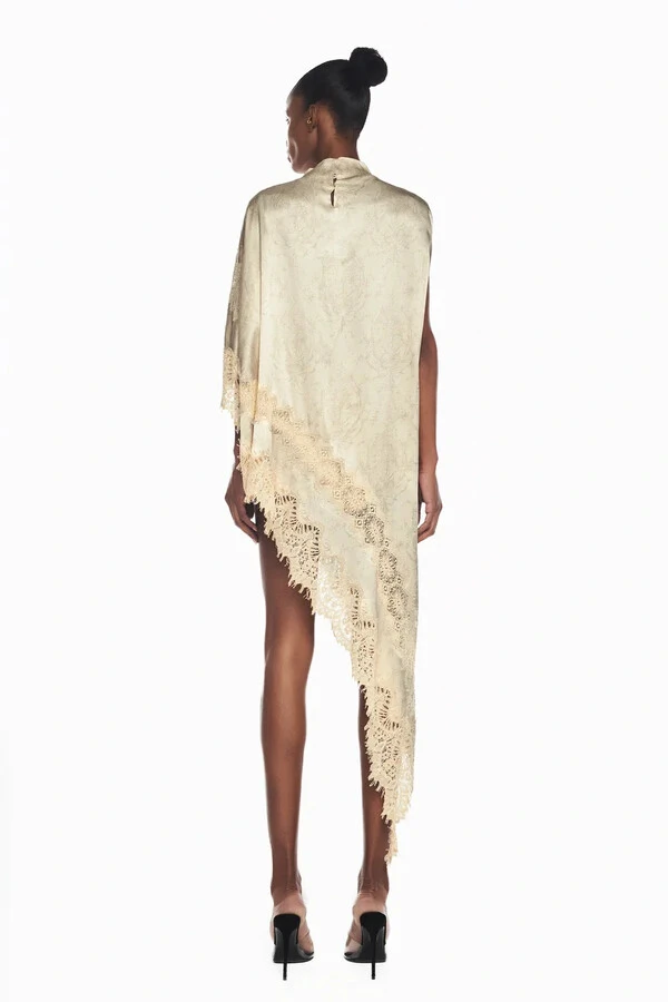 Blusa Kaftan Assimétrica Cetim Laço Renda Bege