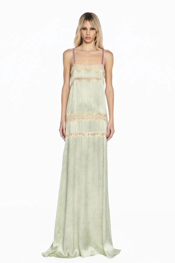 Vestido Longo Cetim Laço Verde Renda Bege