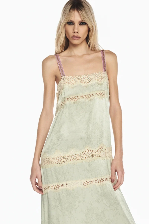 Vestido Longo Cetim Laço Verde Renda Bege