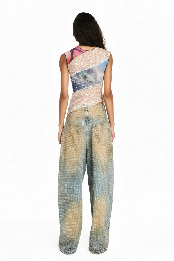 Blusa Sem Manga Tule E Renda Surf Estampado M