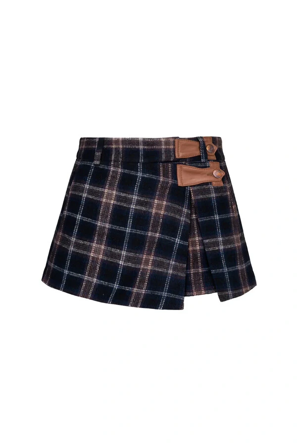 Shorts Saia Xadrez Wool Detalhe Couro Xadrez