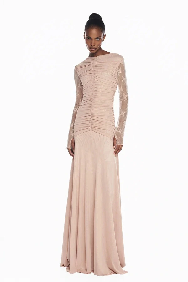 Vestido Longo Manga Longa Renda Corpo Drapeado Tule