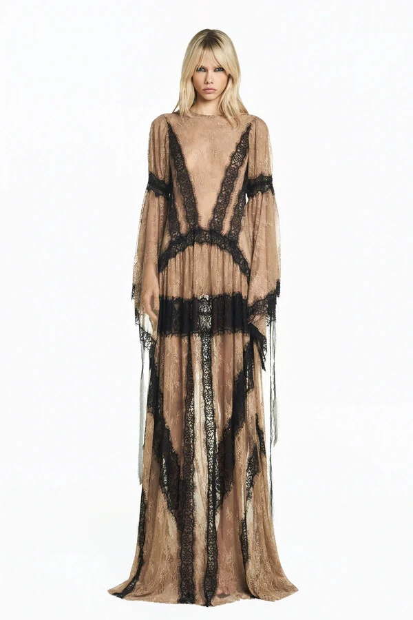 Vestido Longo Com Manga Renda Bege Escuro Com Renda Preta