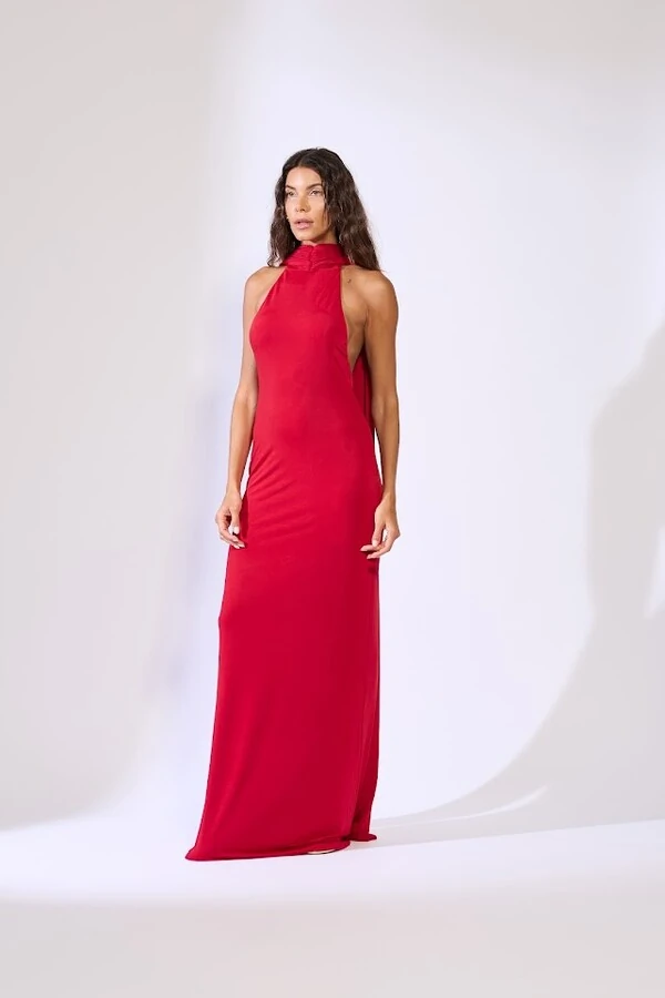 Vestido longo gola alta faixa Botik