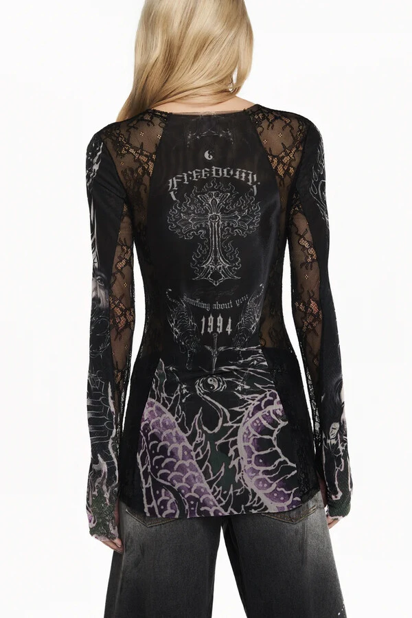 Blusa Manga Longa Tule Tattoo Dragão