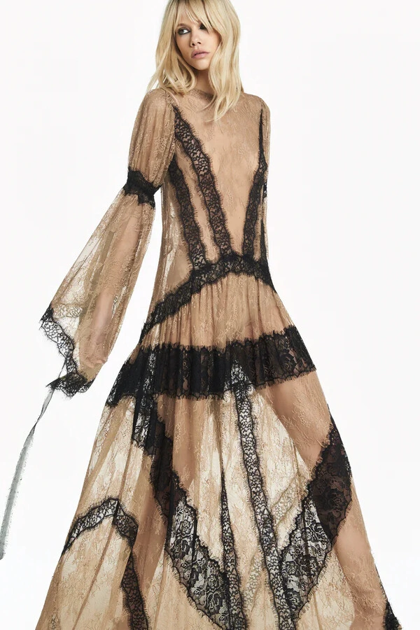 Vestido Longo Com Manga Renda Bege Escuro Com Renda Preta