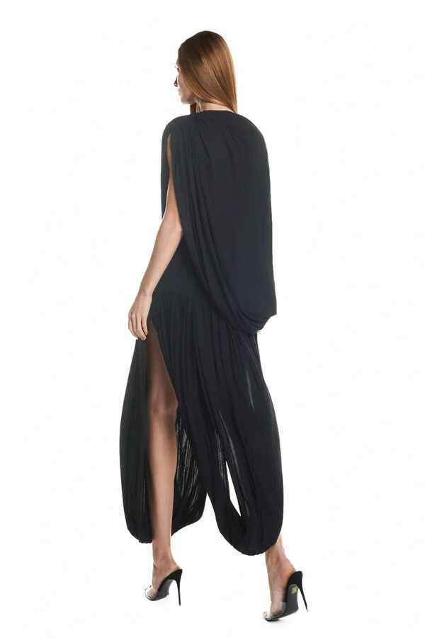 Vestido Longo Capa Sobreposta Saia Torcida