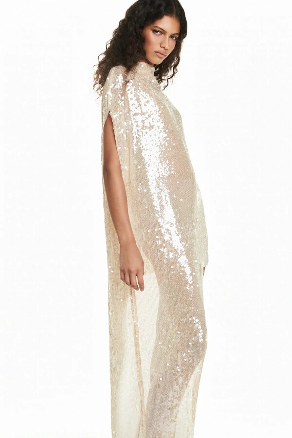 Blusa Kaftan Assimétrica Paetê Bege P