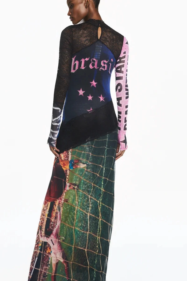 Vestido Longo Manga Longa Gola Alta Tule E Renda Brasil