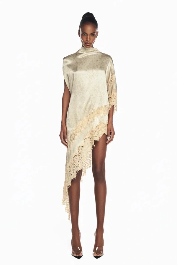 Blusa Kaftan Assimétrica Cetim Laço Renda Bege