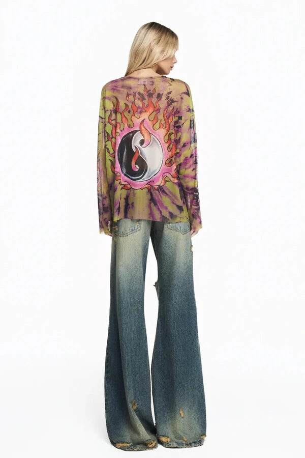 Calça Jeans Amarelada Rasgos Flare Cintura Baixa
