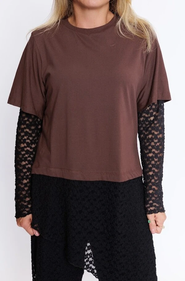 Camiseta Manga Longa Renda Botik Marrom P