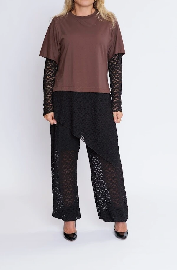 Camiseta Manga Longa Renda Botik Marrom P