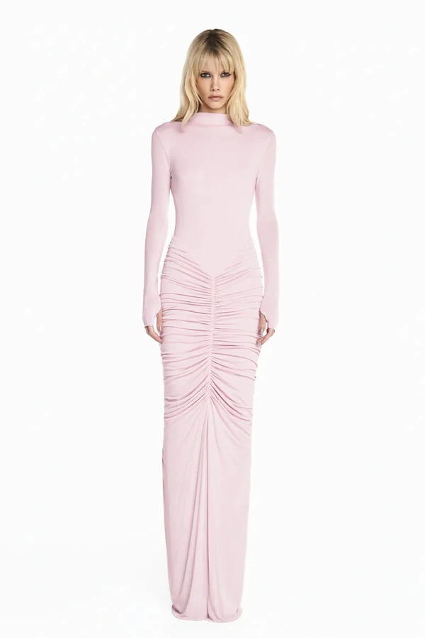 Vestido Longo Manga Longa Saia Drapeada