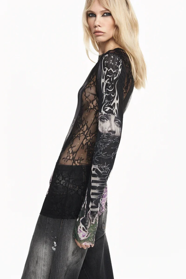 Blusa Manga Longa Tule Tattoo Dragão